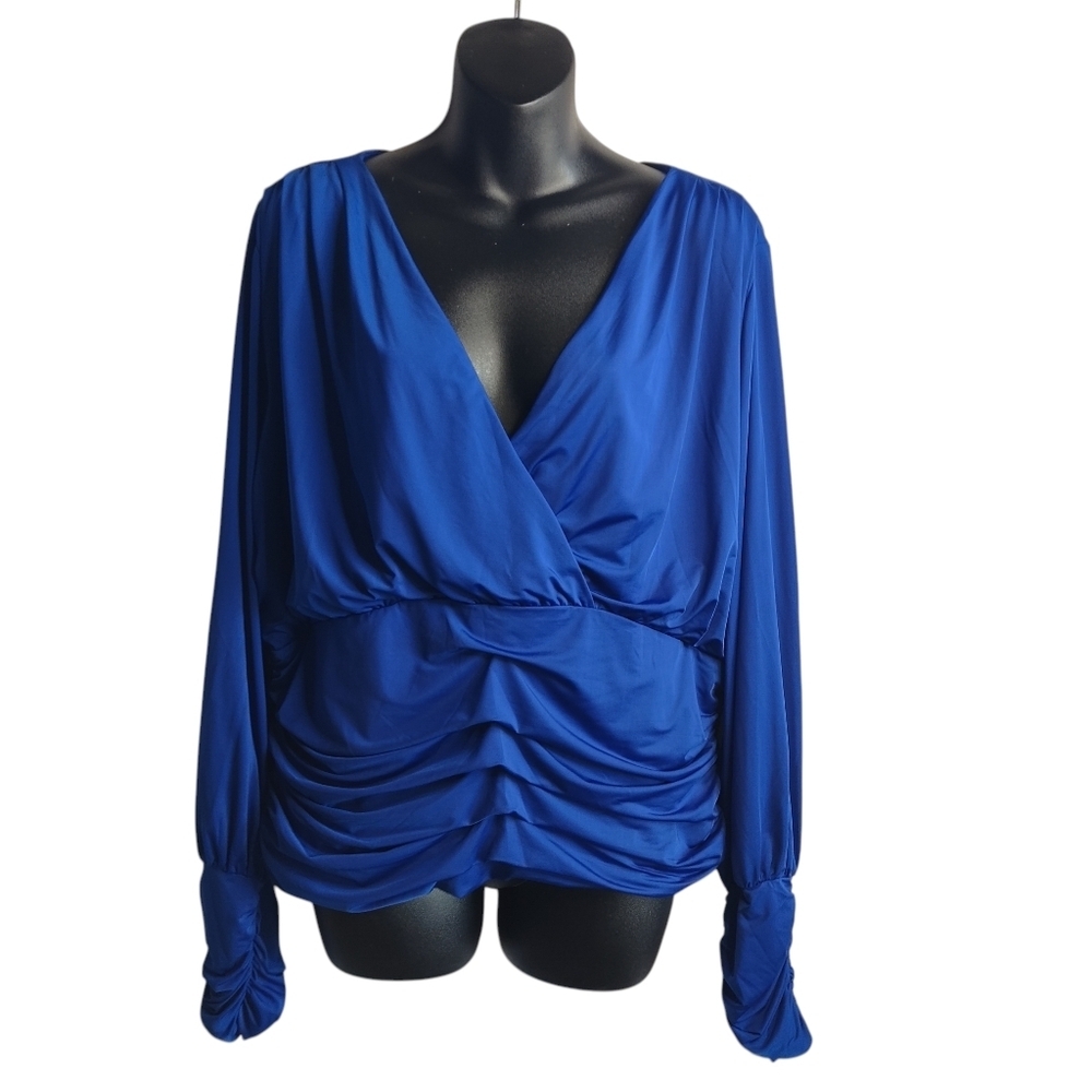 Express Women's Blue V-neck Ruched Stretch Top Blouse Size XL